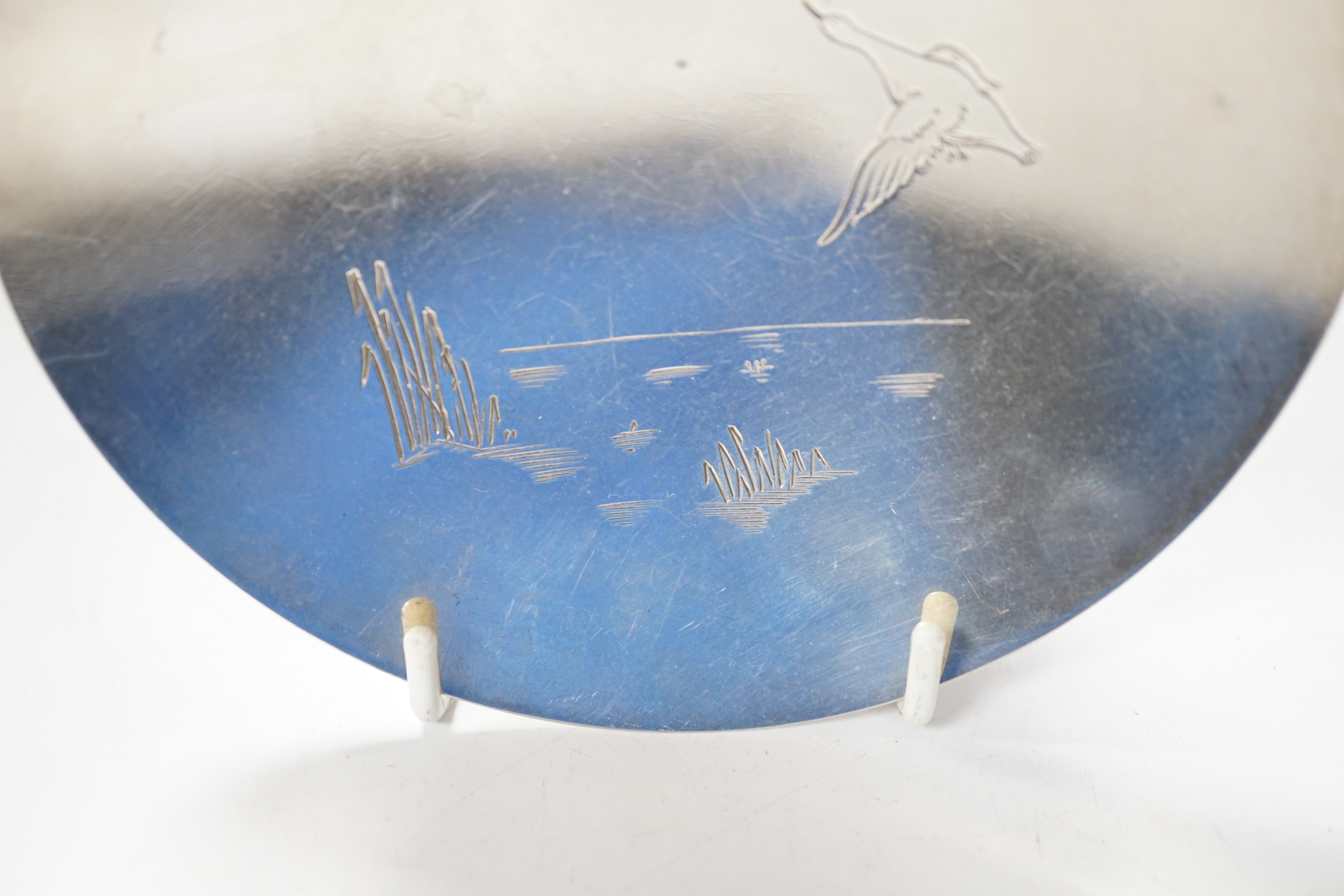 An Elizabeth II silver pedestal trinket bowl, engraved with ducks in flight, Mappin & Webb, Sheffield 1964, 142 grams